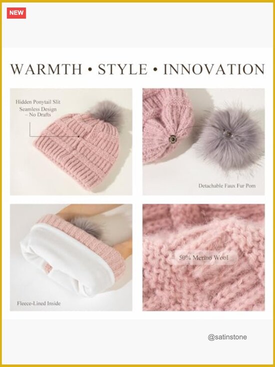 Fleece Lined 50% Merino Wool Beanie with Ponytail Hole & Faux Fur Pom